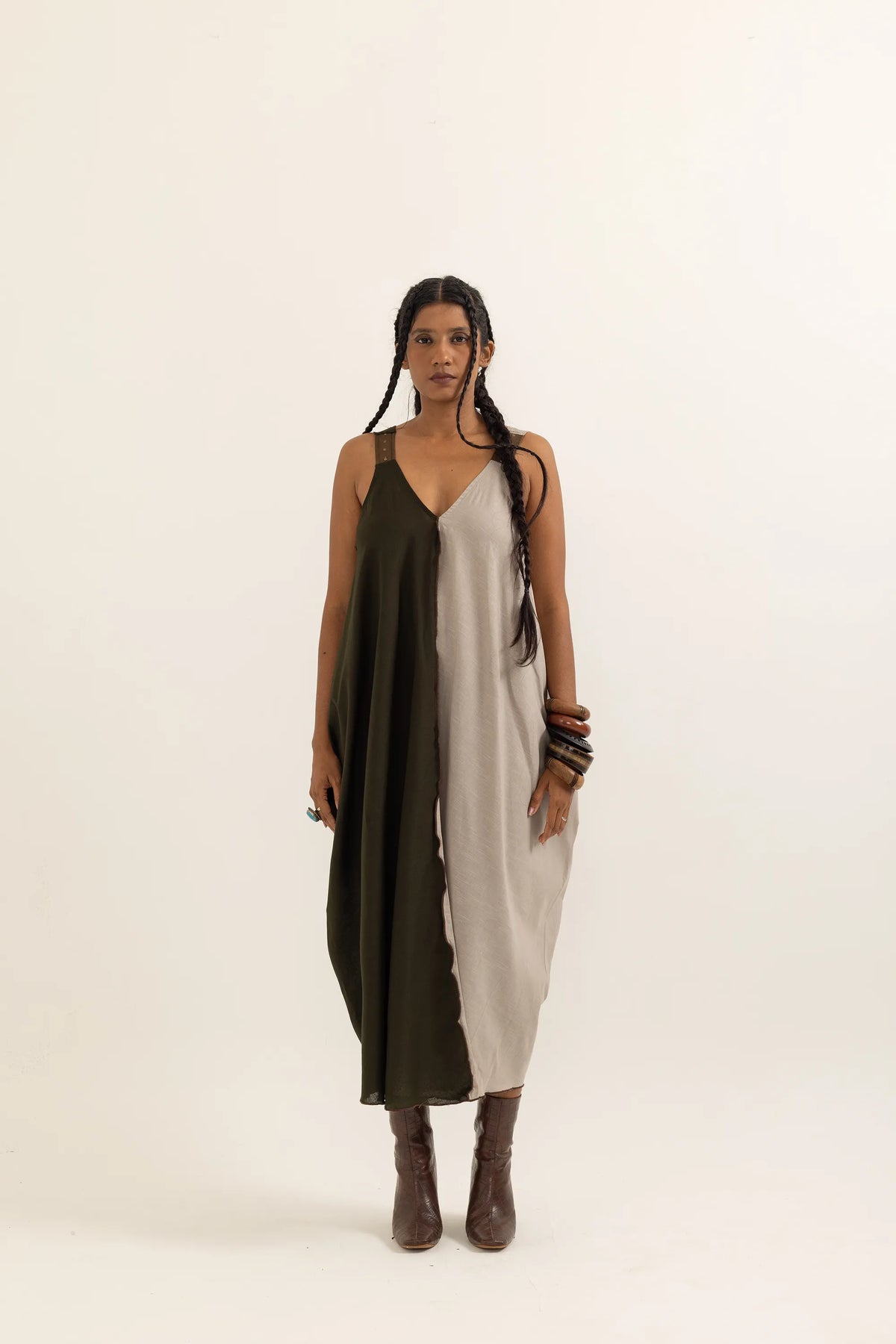 TABREZI DRESS | TAUPE-SAP GREEN