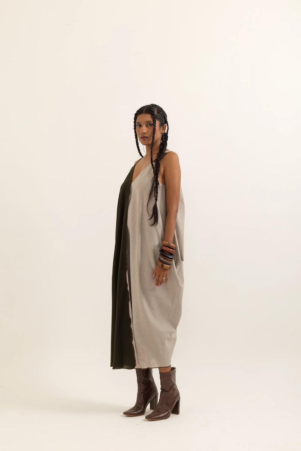 TABREZI DRESS | TAUPE-SAP GREEN