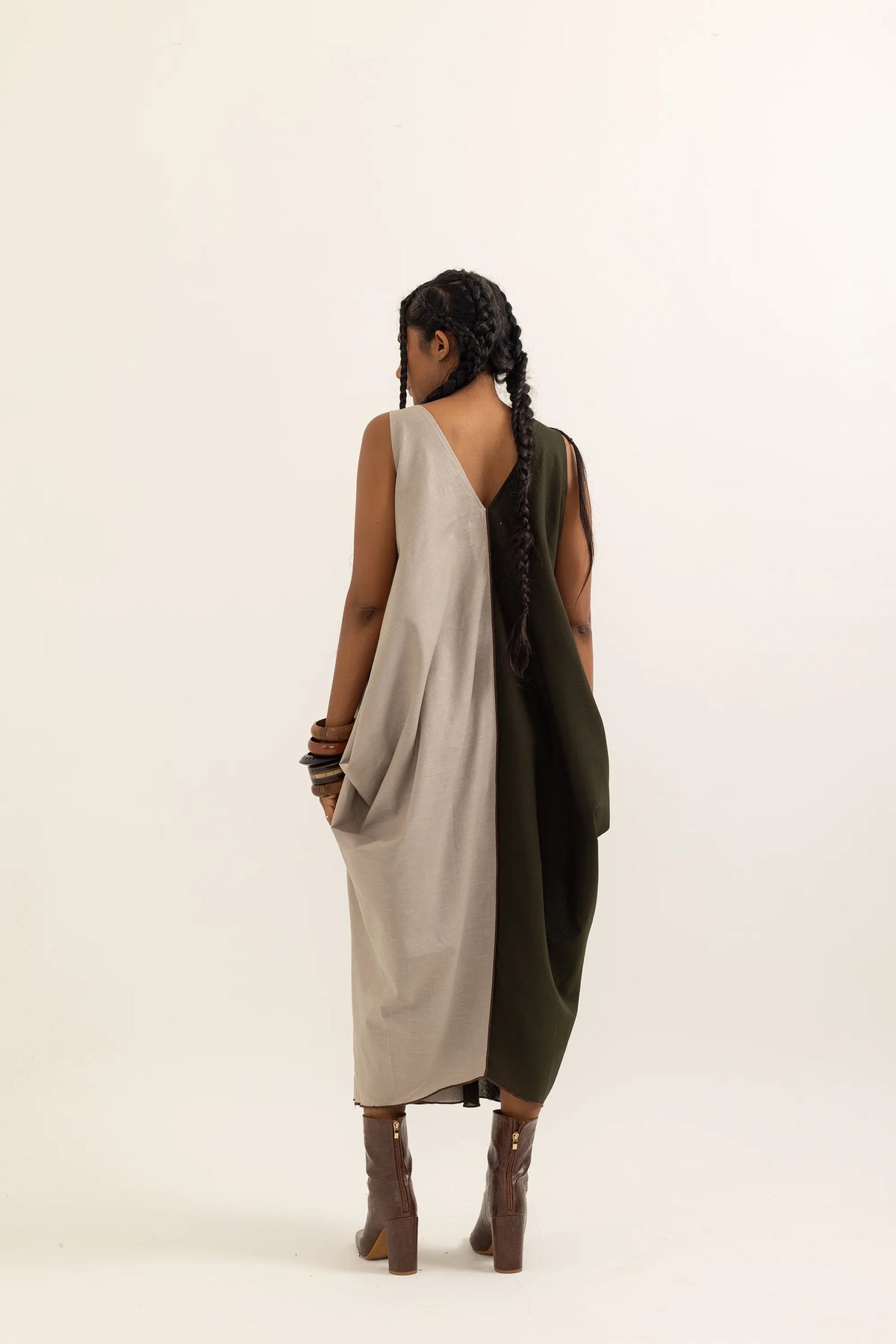 TABREZI DRESS | TAUPE-SAP GREEN