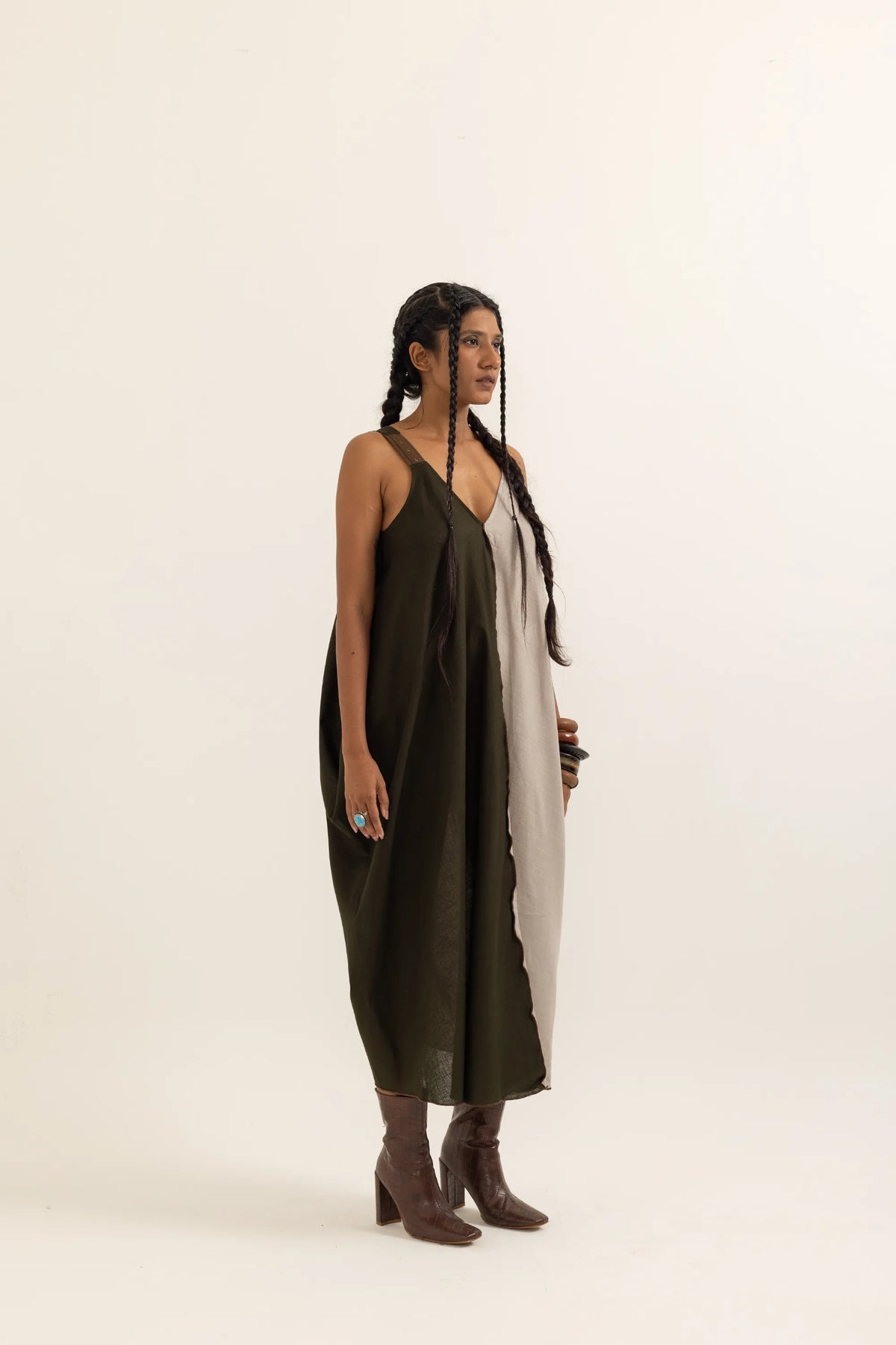 TABREZI DRESS | TAUPE-SAP GREEN