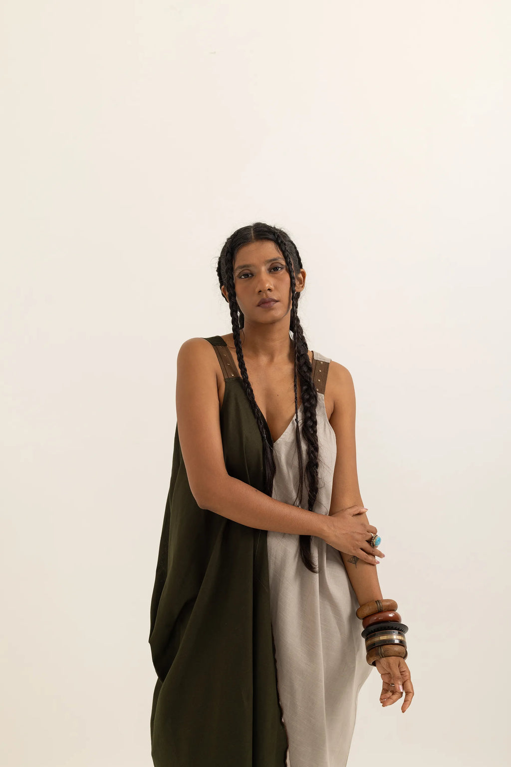 TABREZI DRESS | TAUPE-SAP GREEN