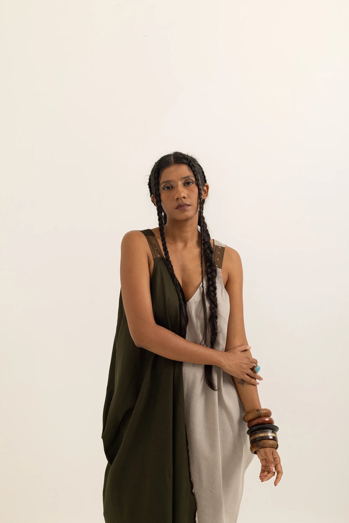 TABREZI DRESS | TAUPE-SAP GREEN