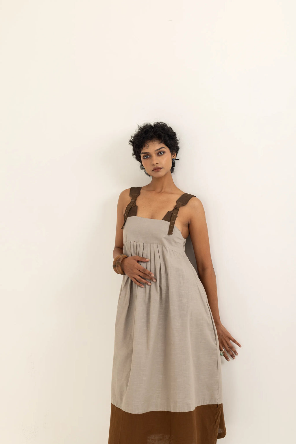 PINAFORE DRESS | TAUPE-SAP GREEN